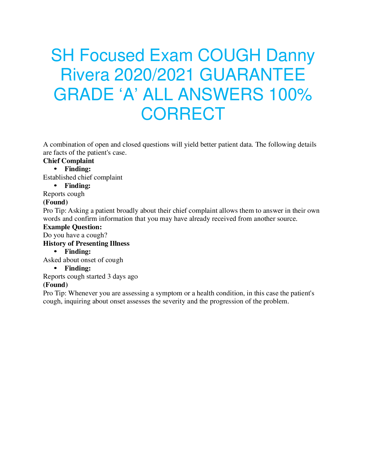 Preview of SH Focused Exam COUGH Danny Rivera 2020/2021 GUARANTEE GRADE ‘A’ ALL ANSWERS 100% CORRECT